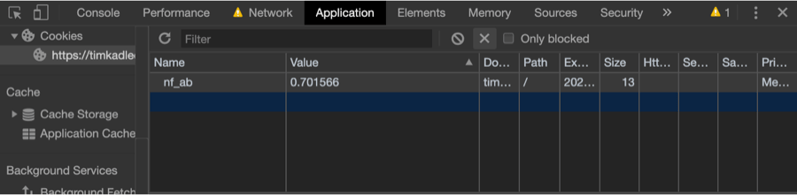 The Application panel in Chrome's Developer Tools shows you any cookies that are set, including in this image, the nf_ab cookie