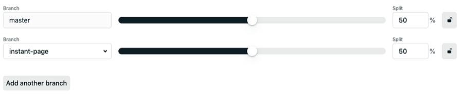 Netlify's split testing interface, showing two branches: 'master' and 'instant-page' with sliders next to each set to 50%.