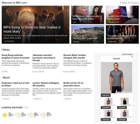 The CNN home page, with a hero image for the main story and thumbnails removed from each of the supporting stories.