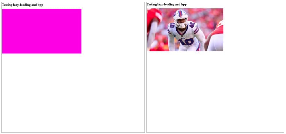On the left, the placeholder image triggers the FCP metric. But because the image has a low bpp, the LCP metric isn't triggered until the actual image loads (right).