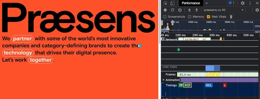 All the text starts with an opacity of zero and then animates into place, so while it triggers FCP, it never triggers LCP.