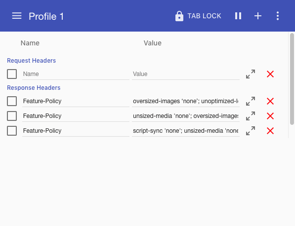 The ModHeader extension lets me set up a Feature-Policy header that I can easily toggle on and off as I browse around the web.
