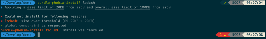 Running `bundle-phobia-install` instead of `npm install` lets us enforce size limits on npm modules, preventing us from adding significantly heavy dependencies to our site.