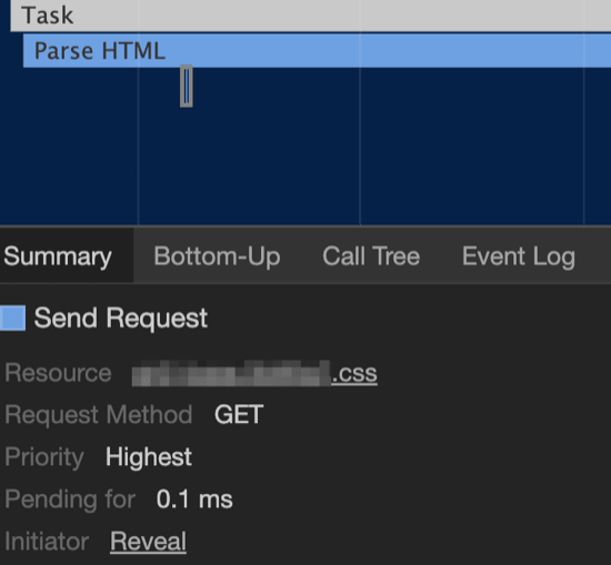 That tiny sliver of activity directly below the Parse HTML block is when the CSS is first requested, 1.7 seconds into the page load process.