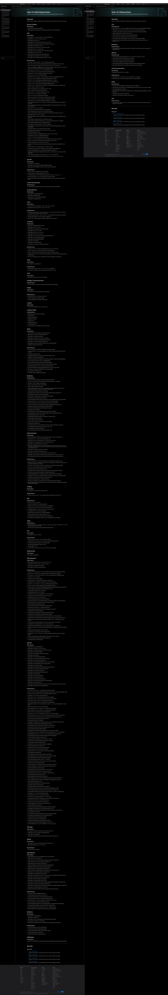 A comparison of the length of the release notes for Safari 16.4 (left) and 16.3 (right). The 16.4 note are substantially longer.